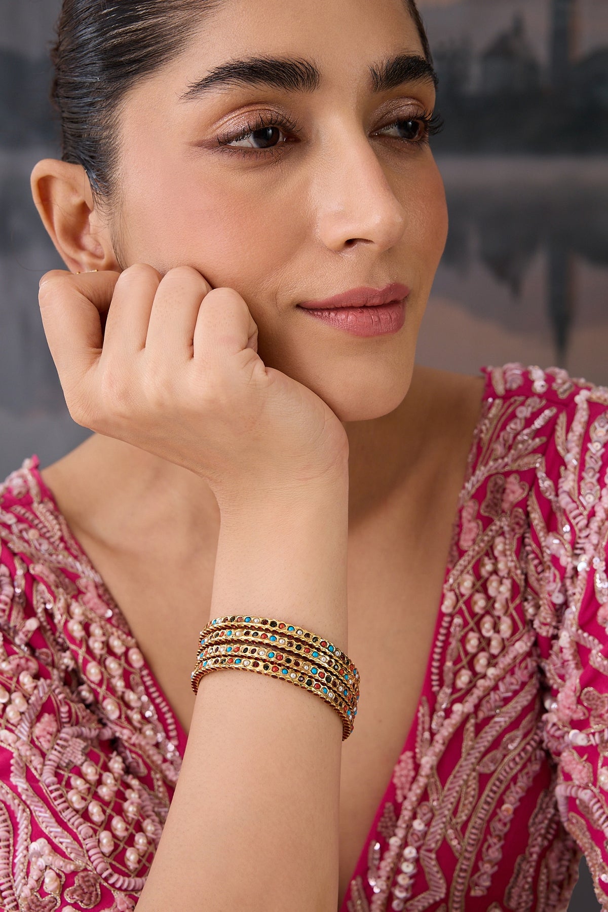 Gold Plated Multi-Colored Stone Bangles (Set of 4)