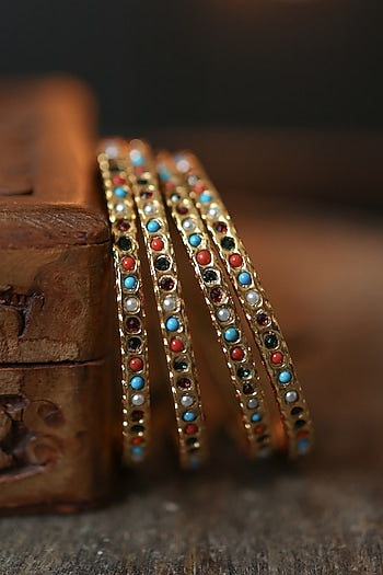 Gold Plated Multi-Colored Stone Bangles (Set of 4)