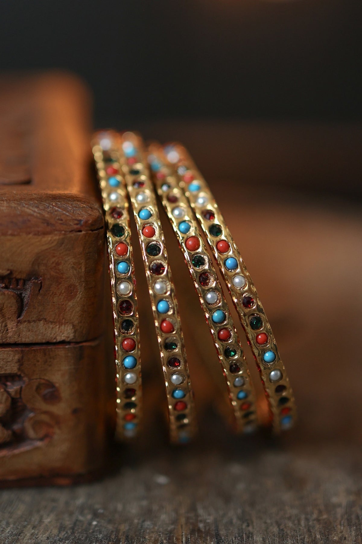 Gold Plated Multi-Colored Stone Bangles (Set of 4)