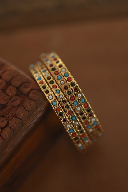 Gold Plated Multi-Colored Stone Bangles (Set of 4)