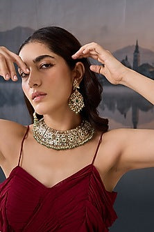 Gold Plated Pearl & Green Garnet Stone Necklace Set