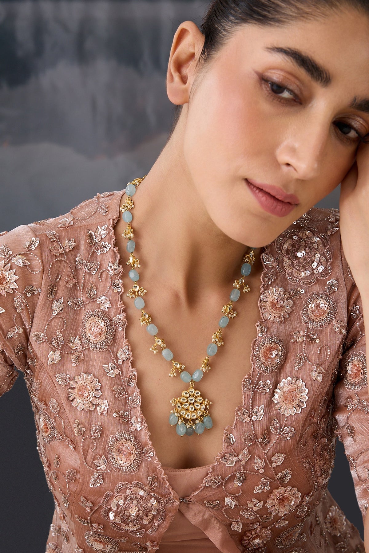 Gold Plated Kundan Polki & Blue Stone Pendant Necklace