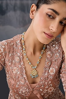 Gold Plated Kundan Polki & Blue Stone Pendant Necklace