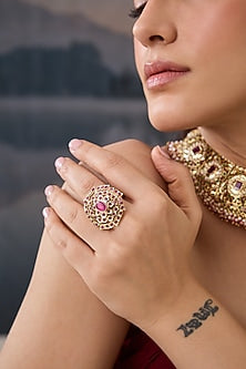 Gold Plated Pink Stone Jadau Adjustable Ring