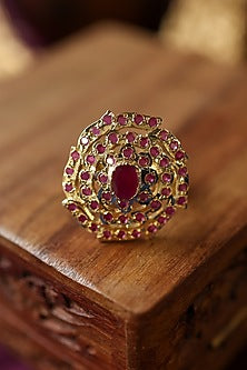 Gold Plated Pink Stone Jadau Adjustable Ring