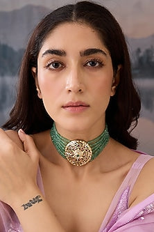 Gold Plated Green Onyx & Pearl Necklace