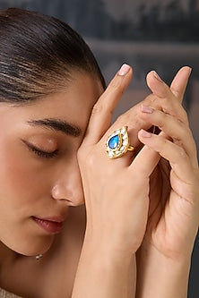 Gold Plated Blue Kundan Stone Adjustable Ring