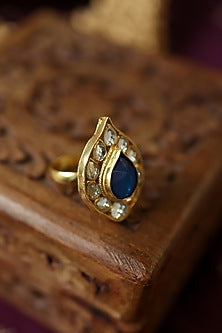 Gold Plated Blue Kundan Stone Adjustable Ring
