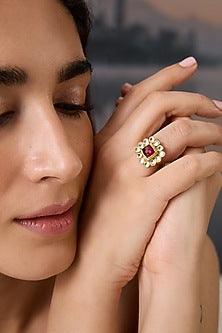 Gold Plated Kundan Polki & Red Stone Adjustable Ring