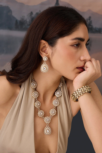 Gold Plated Cubic Zirconia & Kundan Polki Necklace Set