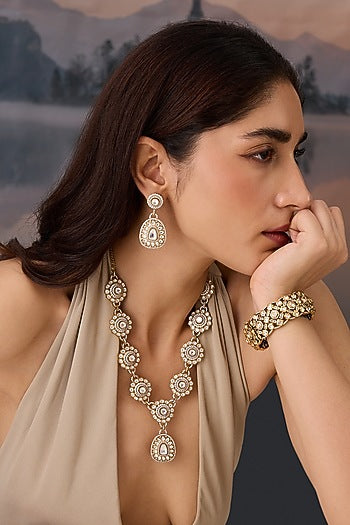 Gold Plated Cubic Zirconia & Kundan Polki Necklace Set