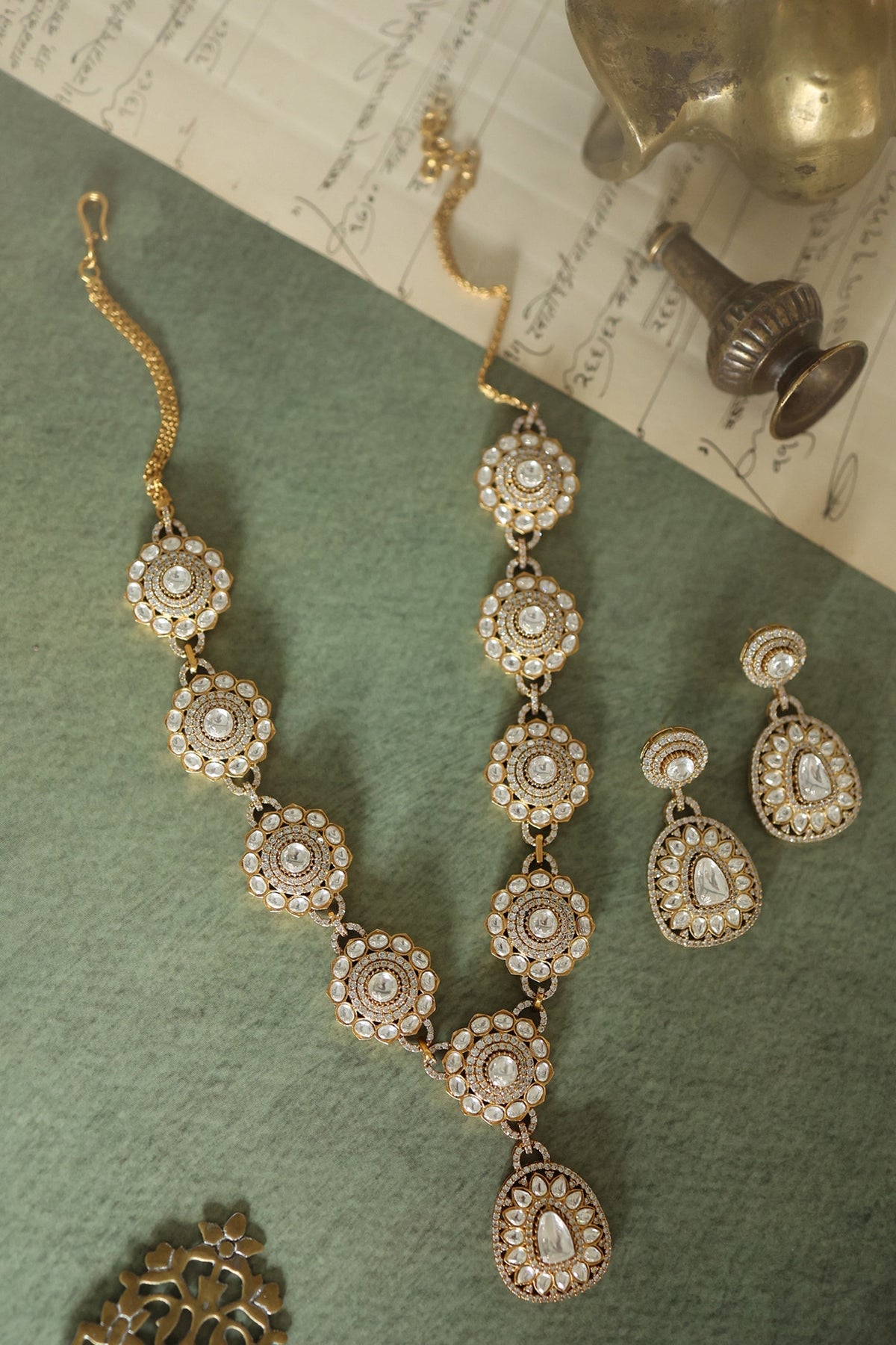 Gold Plated Cubic Zirconia & Kundan Polki Necklace Set