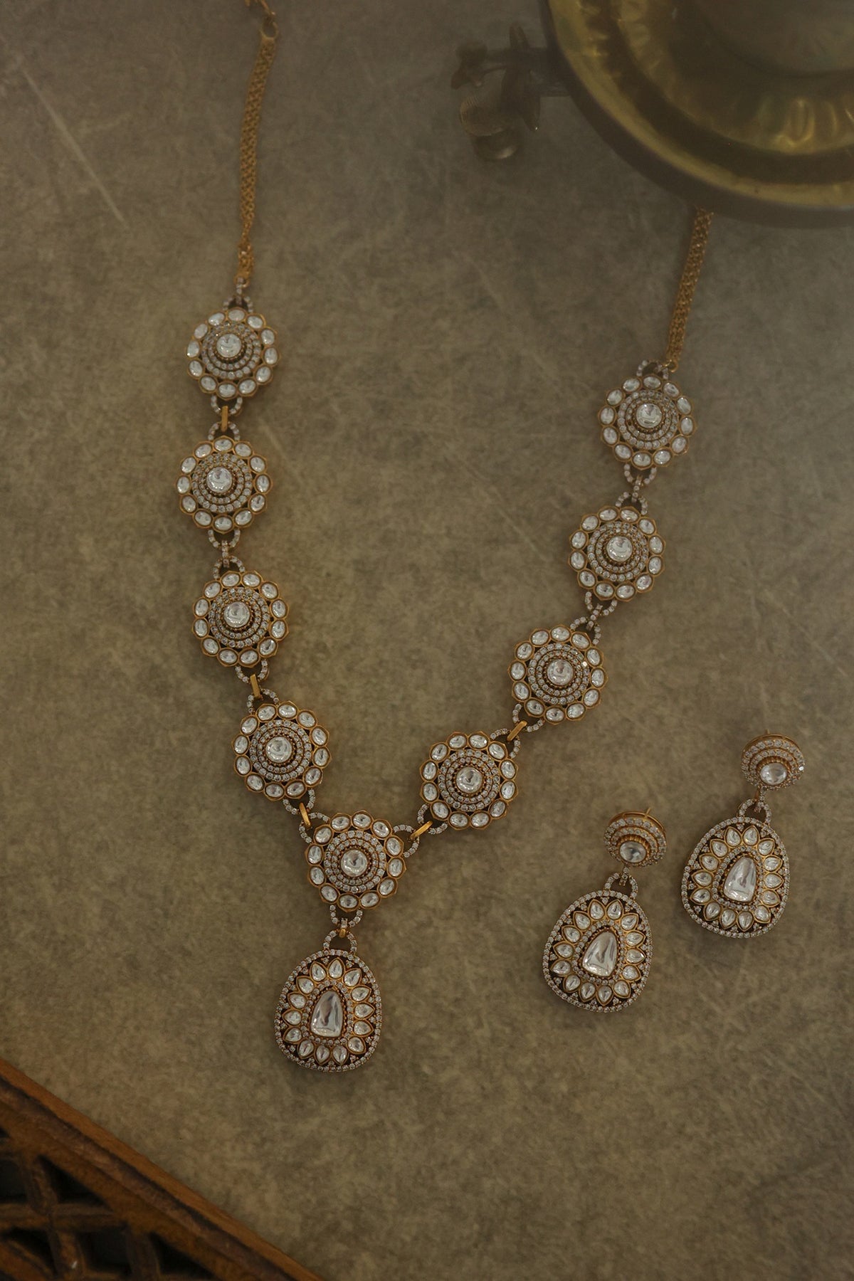 Gold Plated Cubic Zirconia & Kundan Polki Necklace Set
