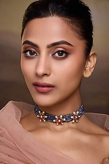 Gold Finish Floral Motifs & Turquoise Stone Choker Necklace