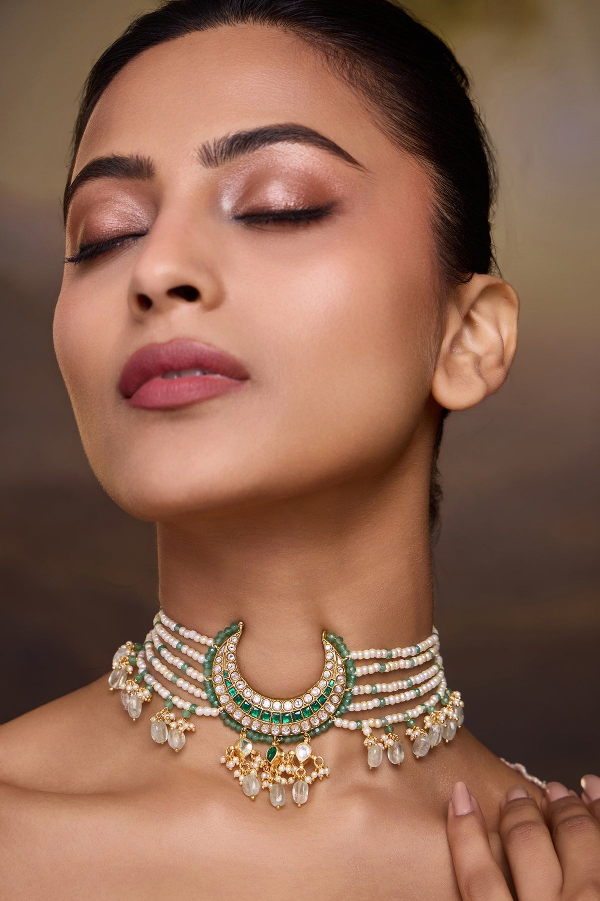 Gold Finish Kundan Polki & Mint Beaded Choker Necklace