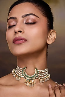 Gold Finish Kundan Polki & Mint Beaded Choker Necklace