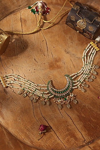 Gold Finish Kundan Polki & Mint Beaded Choker Necklace