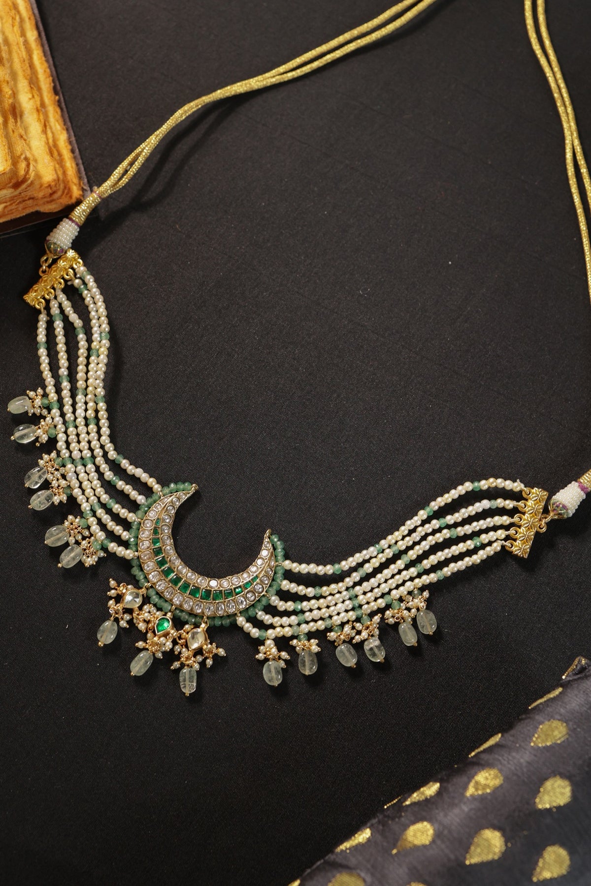 Gold Finish Kundan Polki & Mint Beaded Choker Necklace