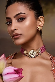 Gold Finish Kundan Polki & Ruby Beaded Necklace Set