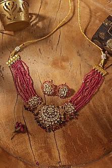 Gold Finish Kundan Polki & Ruby Beaded Necklace Set