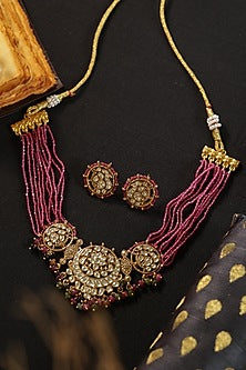 Gold Finish Kundan Polki & Ruby Beaded Necklace Set
