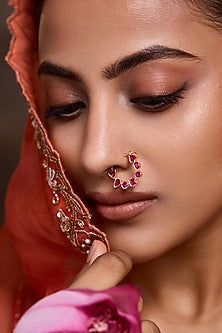 Gold Finish Pink Kundan Polki Nose Ring