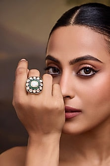 Gold Finish Kundan Polki Green Meenakari Adjustable Ring