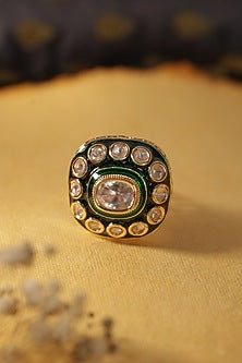Gold Finish Kundan Polki Green Meenakari Adjustable Ring