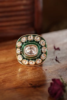 Gold Finish Kundan Polki Green Meenakari Adjustable Ring