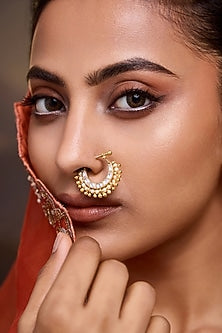 Gold Finish Kundan Polki & Pearl Nose Ring