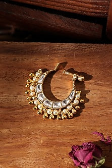 Gold Finish Kundan Polki & Pearl Nose Ring