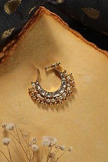 Gold Finish Kundan Polki & Pearl Nose Ring