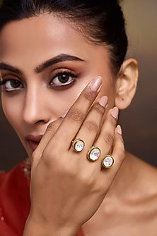 Gold Finish Jadau Kundan Polki Adjustable Ring