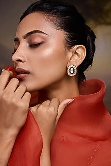Gold Finish Kundan Polki Green Enameled Stud Earrings