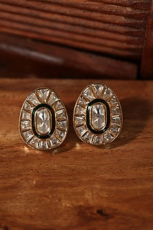 Gold Finish Kundan Polki Green Enameled Stud Earrings