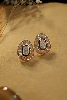 Gold Finish Kundan Polki Green Enameled Stud Earrings