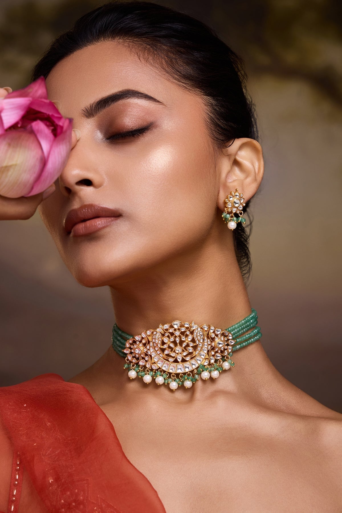 Gold Finish Kundan Polki & Green Onyx Choker Necklace Set