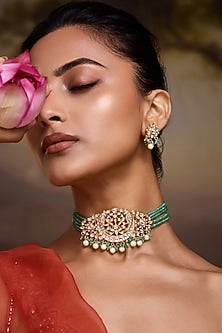 Gold Finish Kundan Polki & Green Onyx Choker Necklace Set