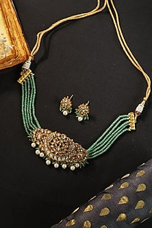 Gold Finish Kundan Polki & Green Onyx Choker Necklace Set