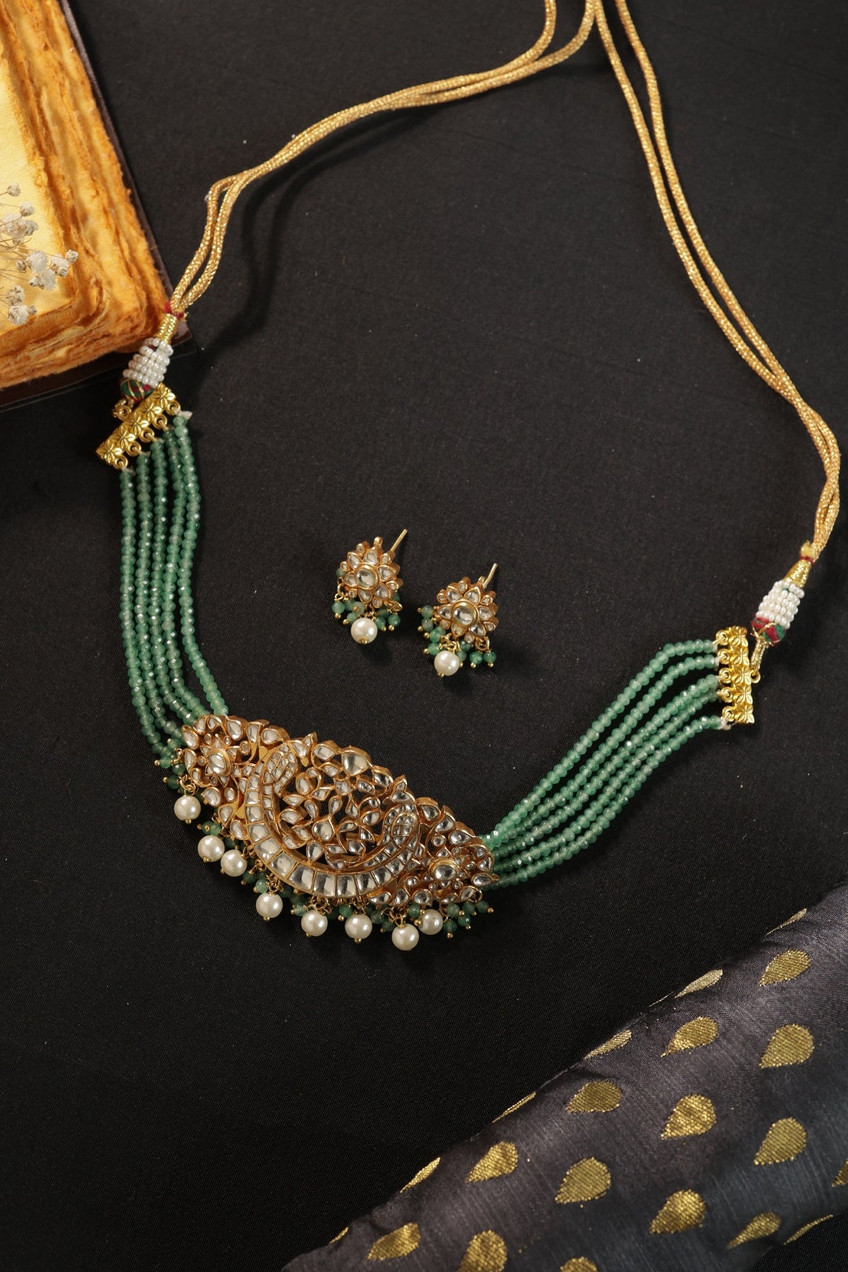Gold Finish Kundan Polki & Green Onyx Choker Necklace Set