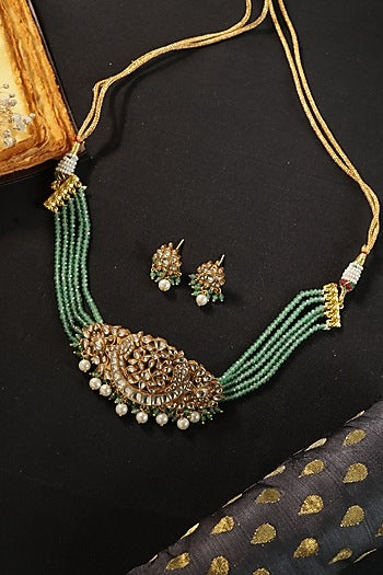 Gold Finish Kundan Polki & Green Onyx Choker Necklace Set