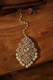 Gold Finish Kundan Polki & Cubic Zirconia Maangtikka