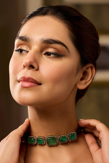 Gold Finis Turquoise Onyx & Kundan Polki Choker Necklace