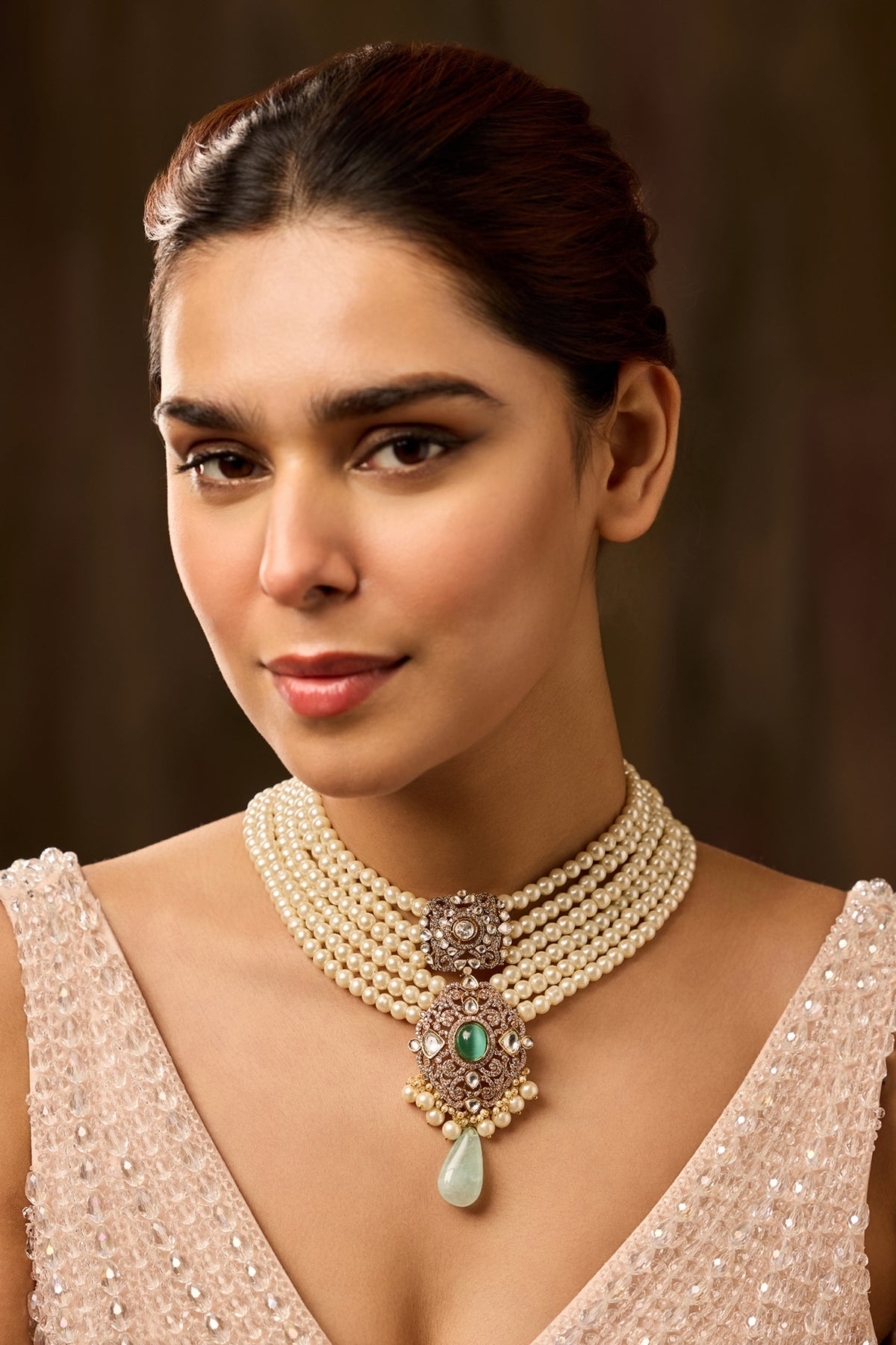 Gold Finish Kundan Polki & Pearl Layered Pendant Necklace