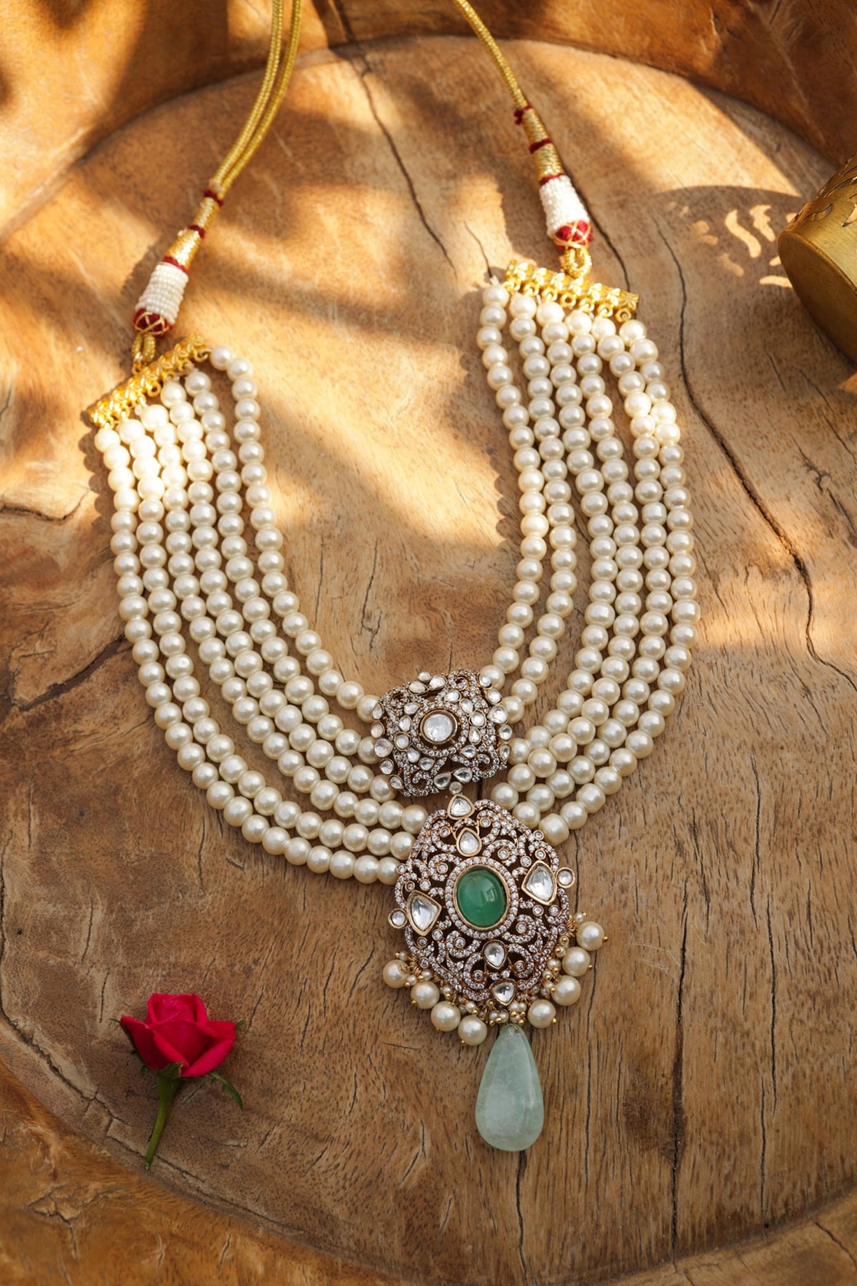 Gold Finish Kundan Polki & Pearl Layered Pendant Necklace