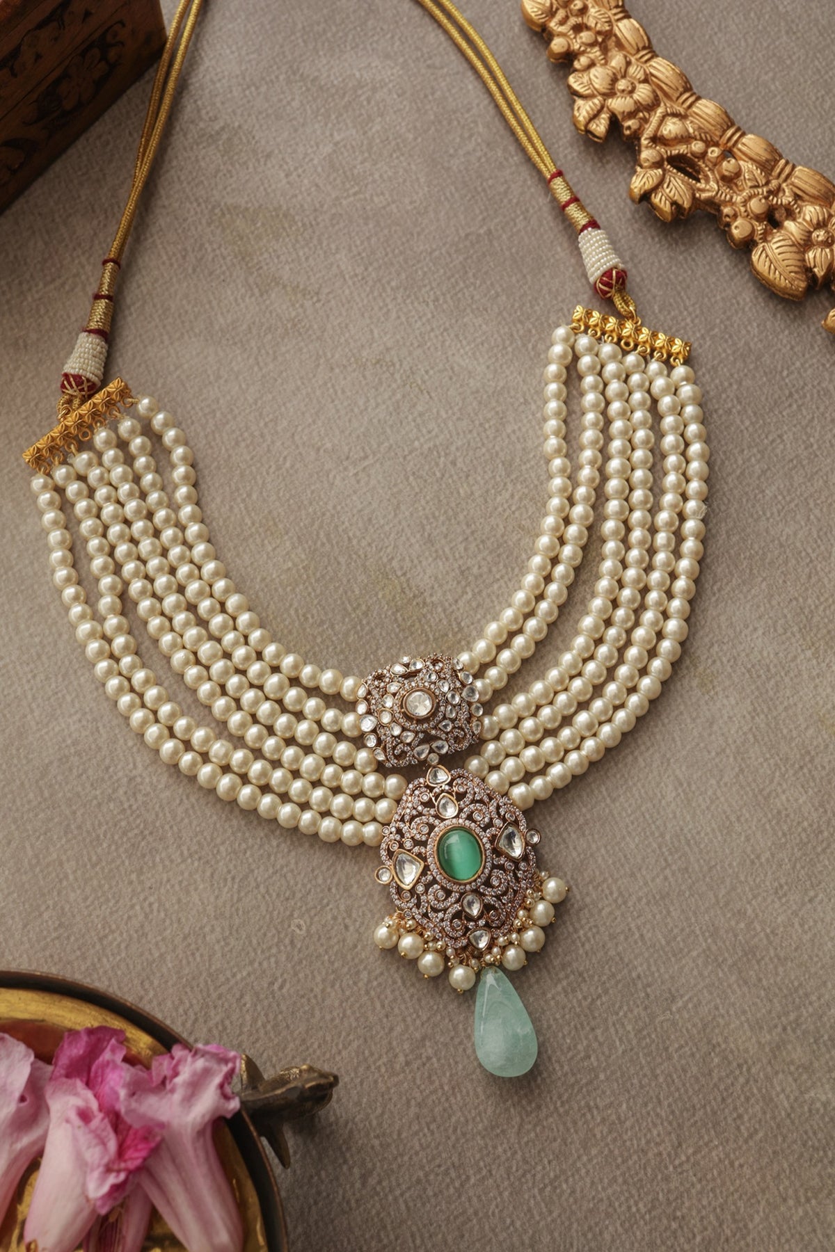Gold Finish Kundan Polki & Pearl Layered Pendant Necklace