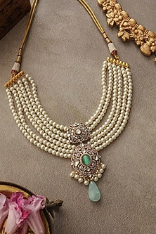 Gold Finish Kundan Polki & Pearl Layered Pendant Necklace