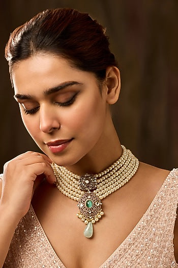 Gold Finish Kundan Polki & Pearl Layered Pendant Necklace