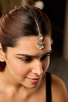 Gold Finish Kundan Polki & Shell Pearl Maangtikka