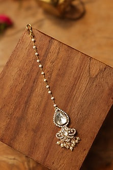 Gold Finish Kundan Polki & Shell Pearl Maangtikka